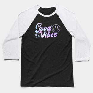 Groovy Good Vibes: 70s Holographic Text & Smiley Face Art Baseball T-Shirt